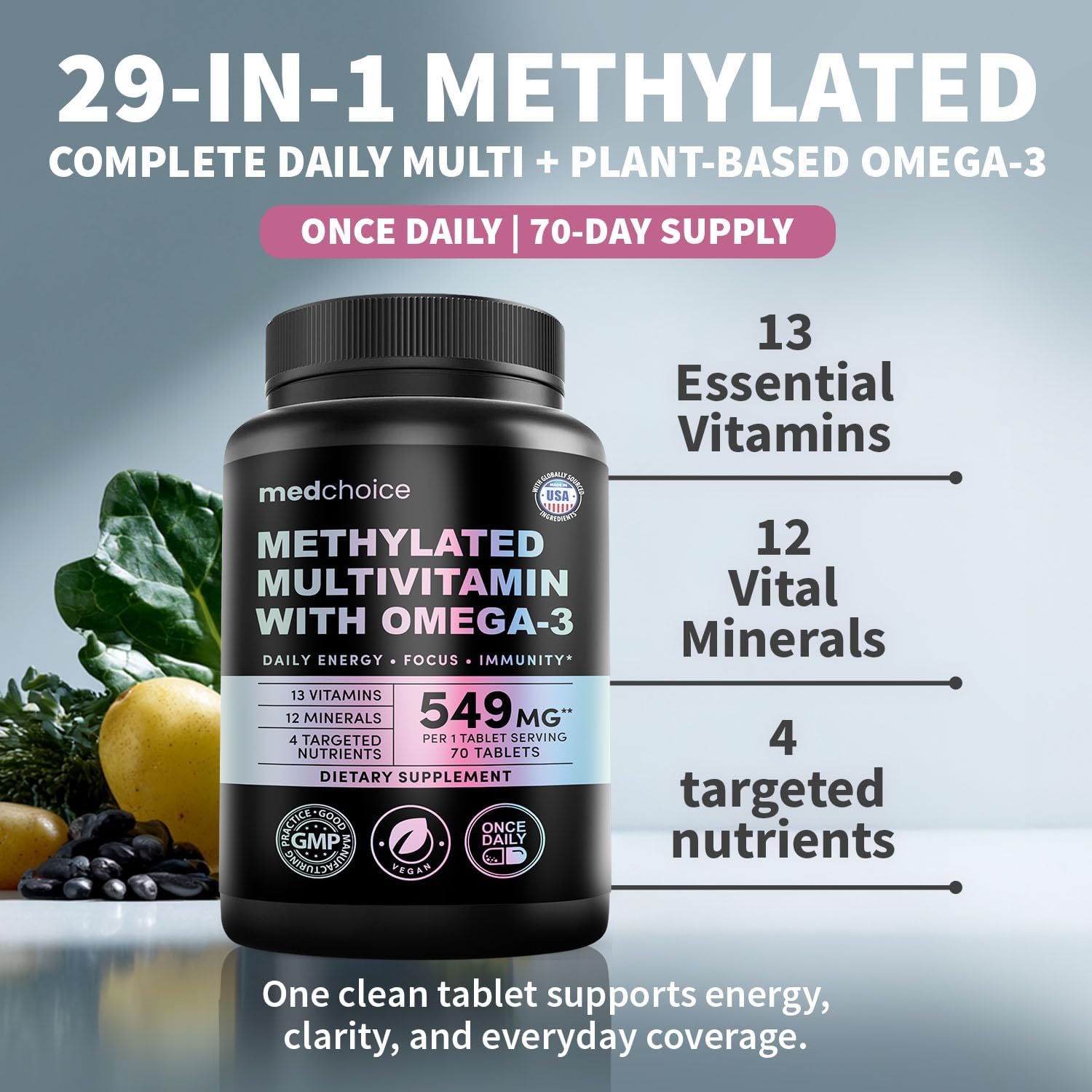 29-in-1 Methylated Multivitamin for Men & Women With Omega 3, Active B12, 5-MTHF Folate, Plus Vitamins & Minerals ⎯ Energy, Clarity, & Wellness Support Multivitamin for Men & Women, 70 Tablets