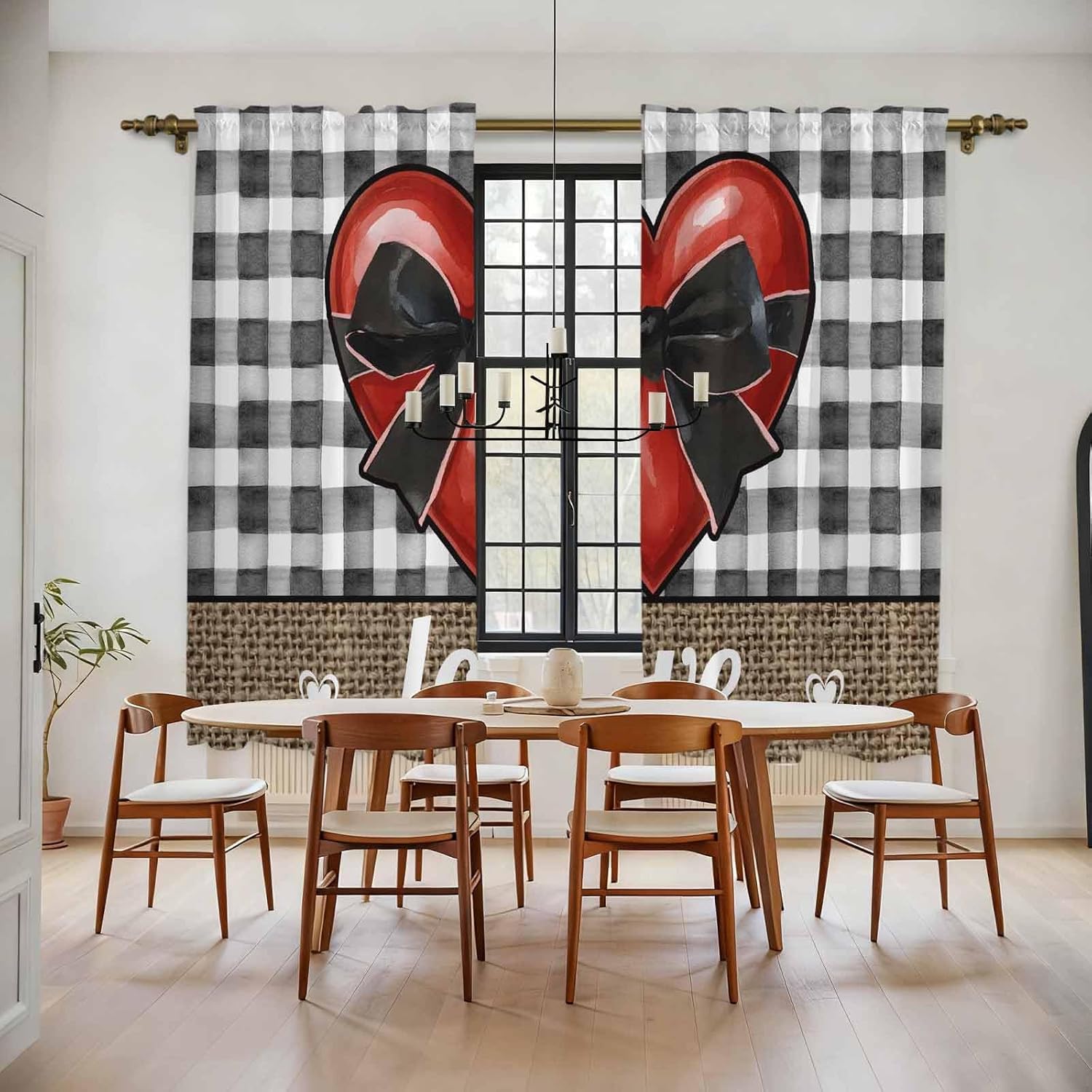 Valentine's Day Kitchen Curtains, Bow on Red Heart Love Black White Plaid Linen Light Filtering Window Curtain, 2Pcs Rod Pocket Window Treatments Set for Living Room Bathroom Bedroom 52x72 Inches
