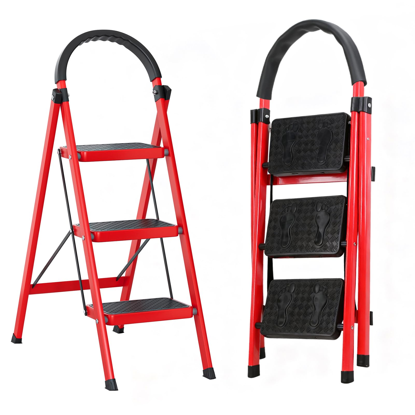 3 Step Ladder, 35.43'' High Small Step Ladder with Safety Handrail and Anti-slip Planform, Lightweight Folding Sturdy Ladder For Home, Office and DIY Projects 330LBS Capacity (Red)