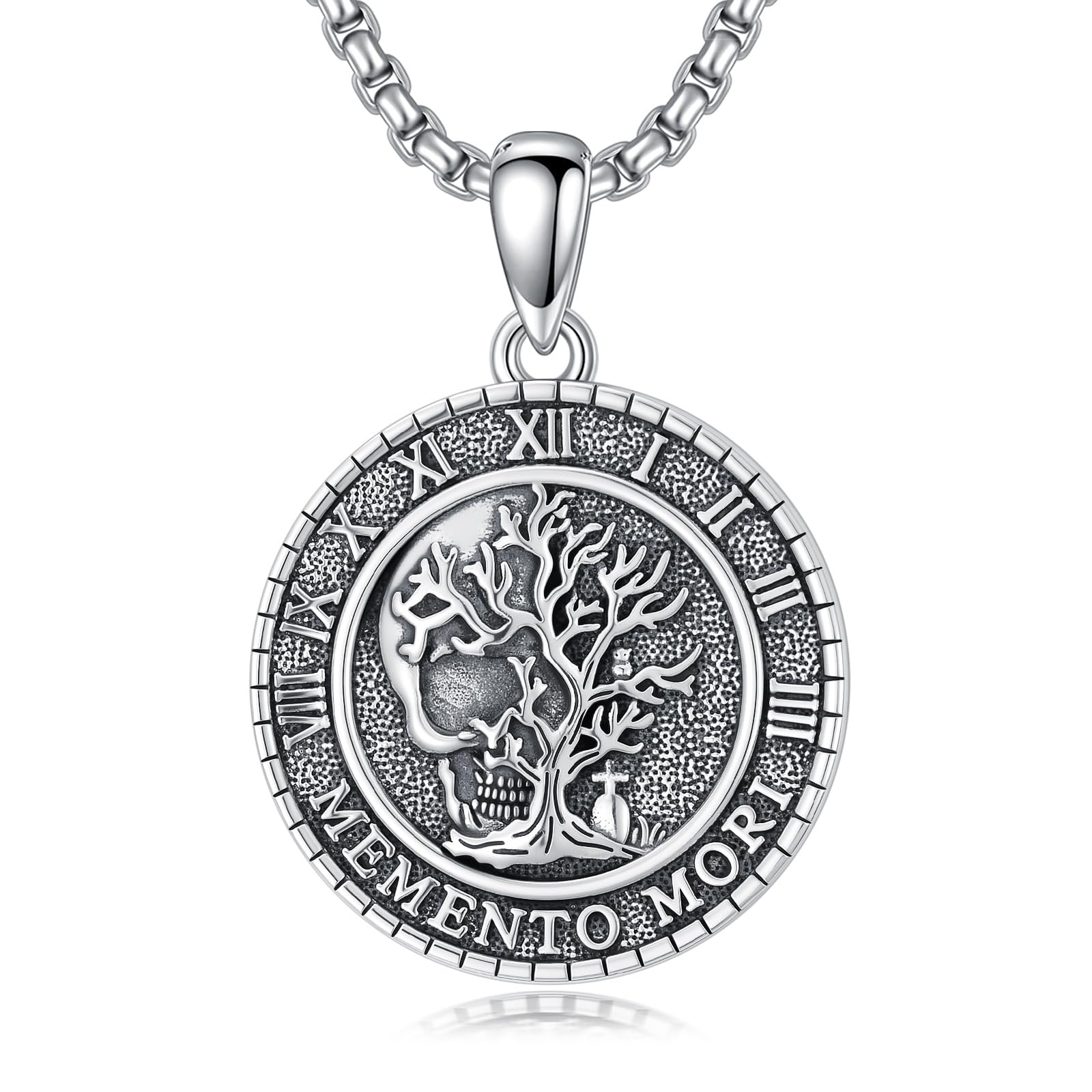 PROESS Memento Mori Kette für Männer 925 Sterling Silber Eule Memento Mori Anhänger Gothic Totenkopf Baum des Lebens Schmuck Geschenke