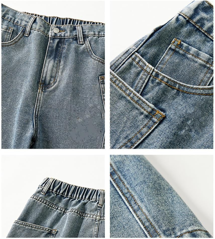 Men's Hiking Cargo Shorts Button Elastic Waist Straight Leg Loose Fit Jean Denim Shorts