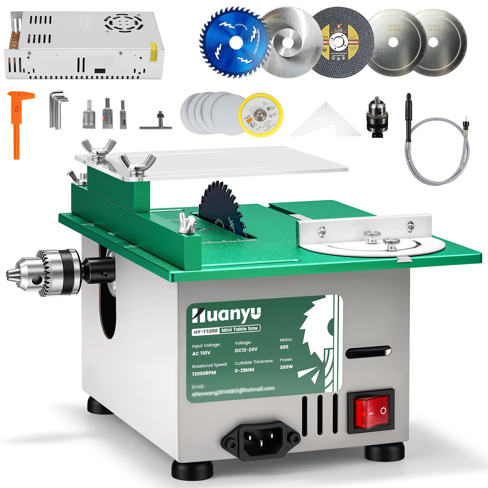 Huanyu Mini Table Saw 300W 1.14IN Cut Depth Portable Precision Hobby Table Saws Set for Wood Model DIY Crafts Woodworking 0-180° Angle Cutting