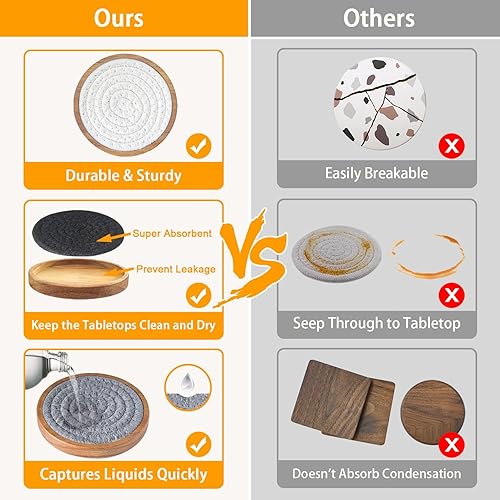 Miniatura 4 de Eykao Juego de 5 posavasos absorbentes para bebidas, posavasos tejidos con soporte, posavasos de madera para mesa de café, regalo de inauguración de