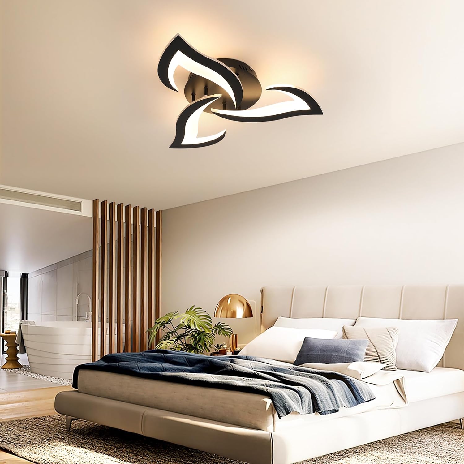 DELIPOP LED ceiling light providing warm illumination in a stylish bedroom.