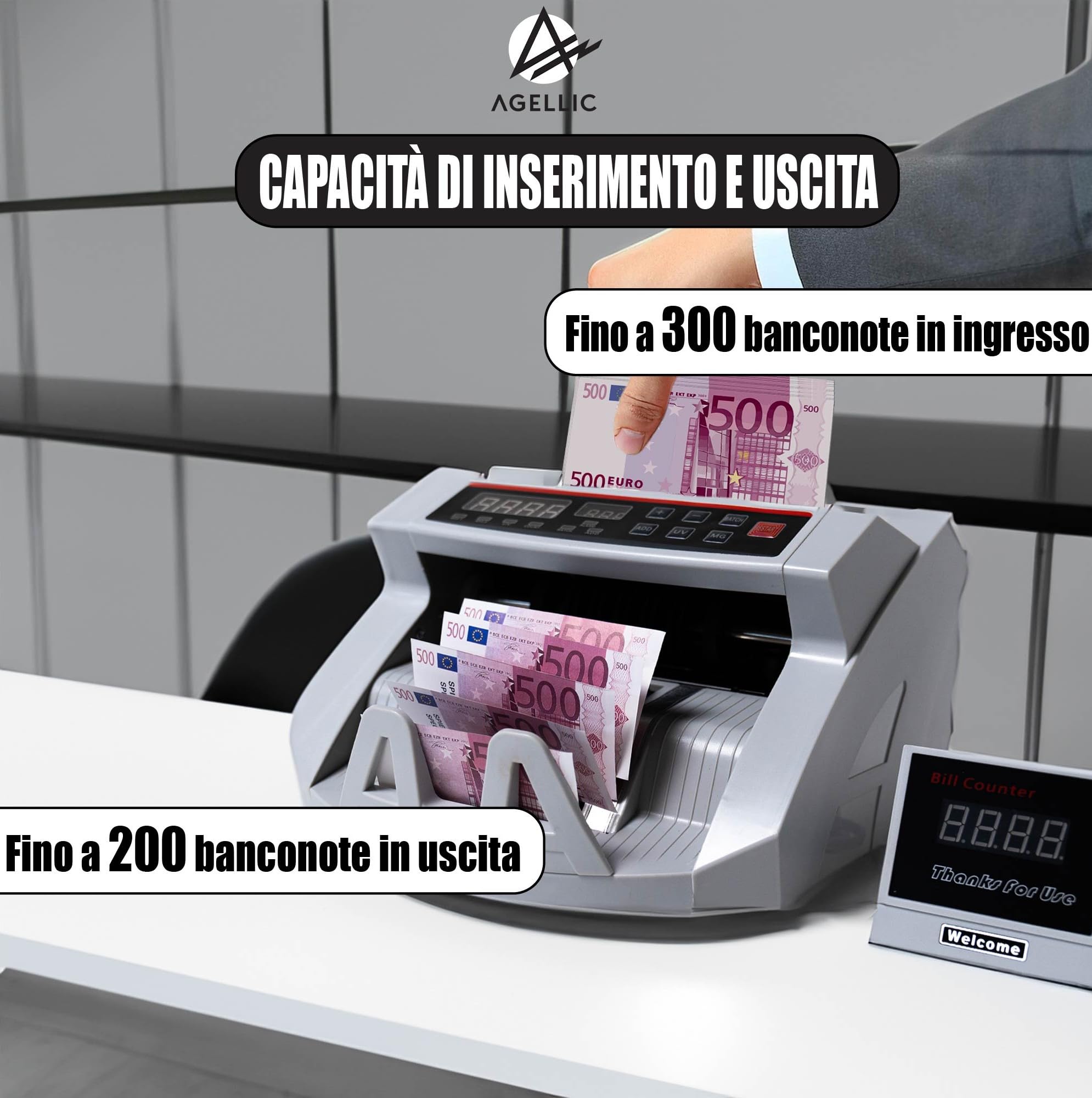 Conta Banconote | Macchina Conta Soldi Professionale | Rilevatore Banconote False 3-Fold | 1000 Banconote/min | Verifica Banconote e Controllo Soldi Falsi | Incl. Pennarello Banconote