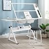 Miscoos Hand Crank Adjustable Drafting Table Drawing Desk with 2 Metal Drawers and Stool, Black, Tempered Glass, Sheet Metal
