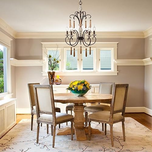 Miniatura 7 de Candelabro de campo francés, lámpara de madera rústica con brazo de flor, 5 luces hechas a mano, color blanco envejecido, lámpara de araña para