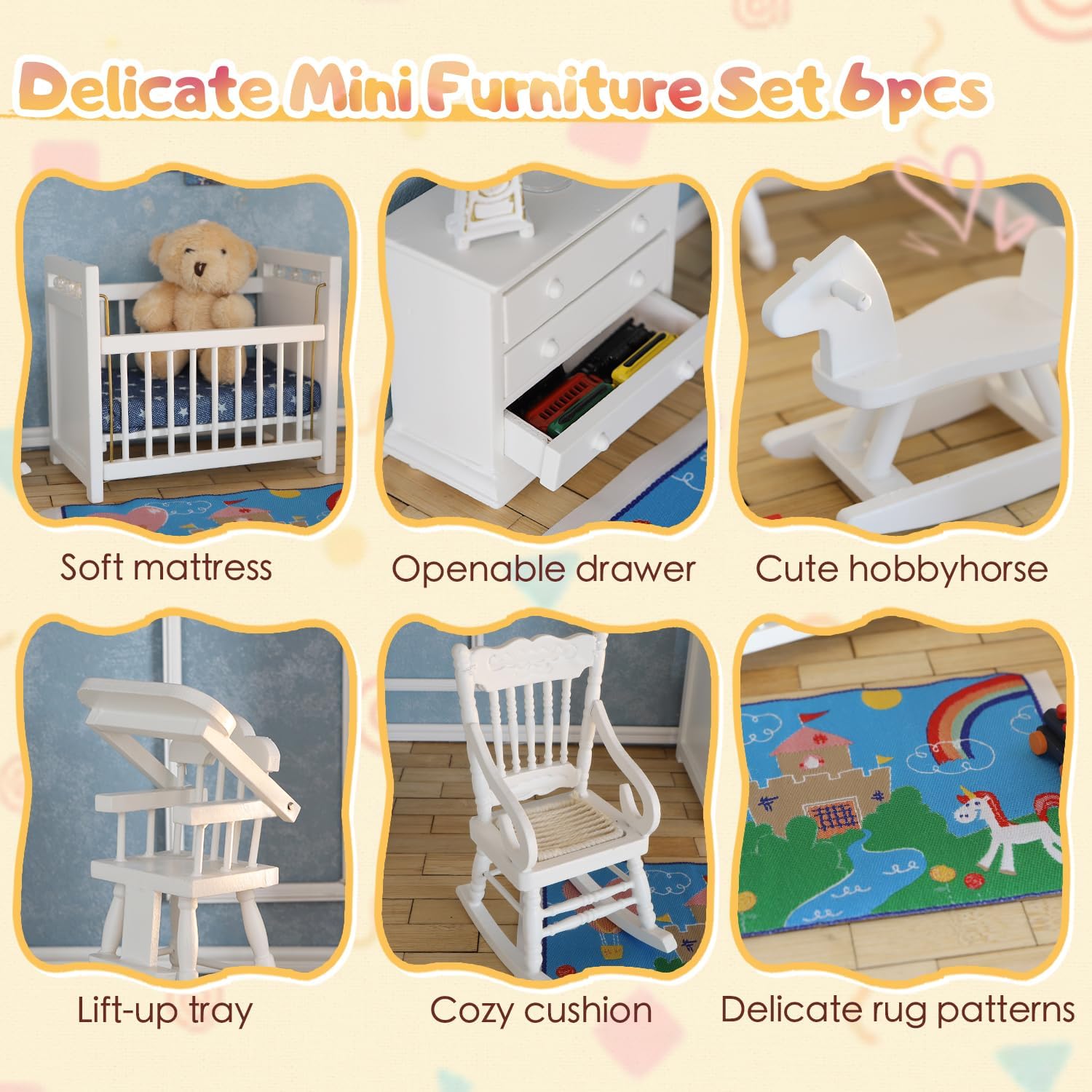 iLAND Miniature Dollhouse Furniture for Nursery Babyroom on 1/12 Scale Realisitc Doll House Furniture and Accessories Set Lovely for Teens Dollhouse Enthusiasts