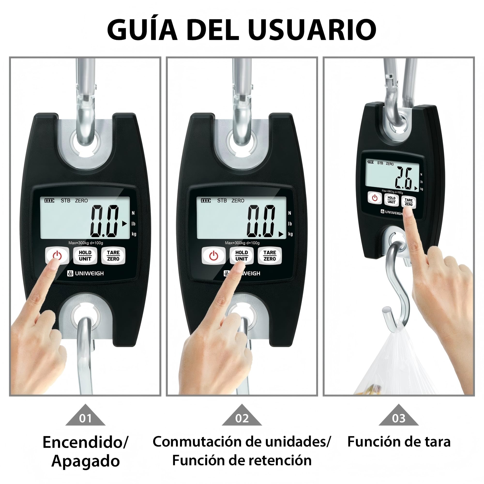 UNIWEIGH Báscula Colgante Digital 660lb/300kg, Bascula Industriales con Ganchos,Básculas de Equipaje con LCD/Funciones de Retención/Tara para Pesaje,Granja Caza,Pesca al Aire Libre,Maletas(Negro)