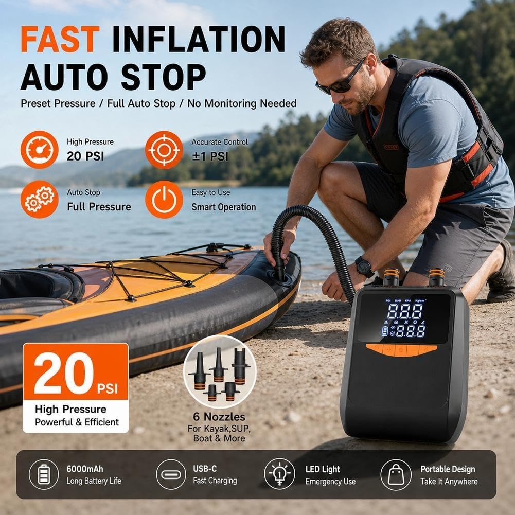 Pompe à pagaie électrique rechargeable, pompe de 20 psi, 6000 mAh, gonflage automatique avec pompes S, dégonflage, et