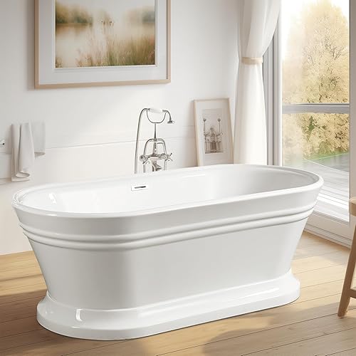 Miniatura 6 de Vanity Art Bañera de acrílico blanca independiente de 59 x 30 pulgadas, moderna bañera de remojo sola con desbordamiento ranurado certificado por