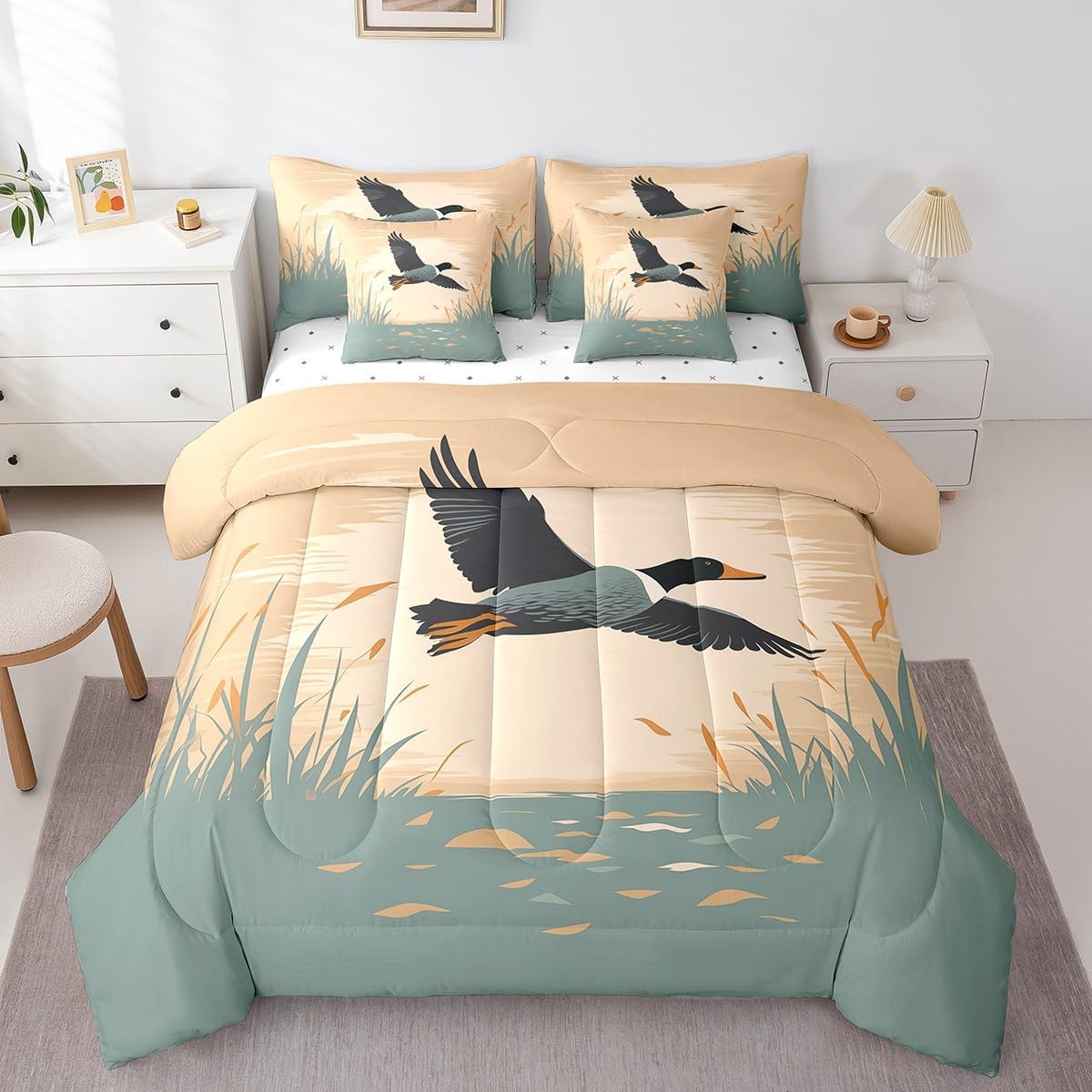 Erosebridal Mallard Duck Queen Comforter Set 7-Piece for Kids Boys Girls Hunting Duck Bedding Sets,Wild Animal Bed in a Bag Cute Wildlife Bedding Comforter Sets Duck Theme Bed Set,Breathable
