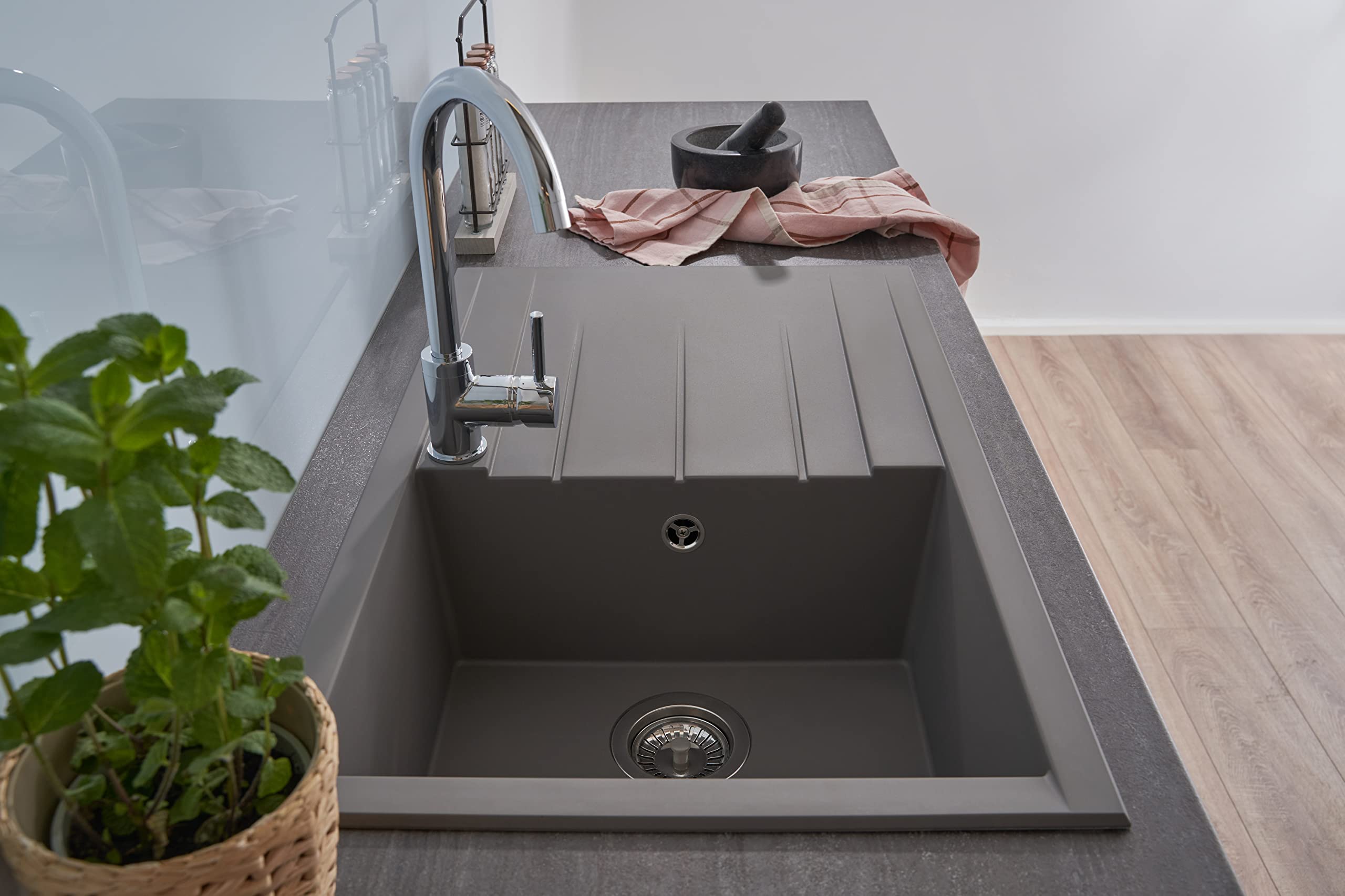 Respekta Houston Mineralitespüle in Betongrau / 1 Becken Einbauspüle in 80 x 50 cm / Spülbecken geeignet für Unterschränke ab 50 cm Breite