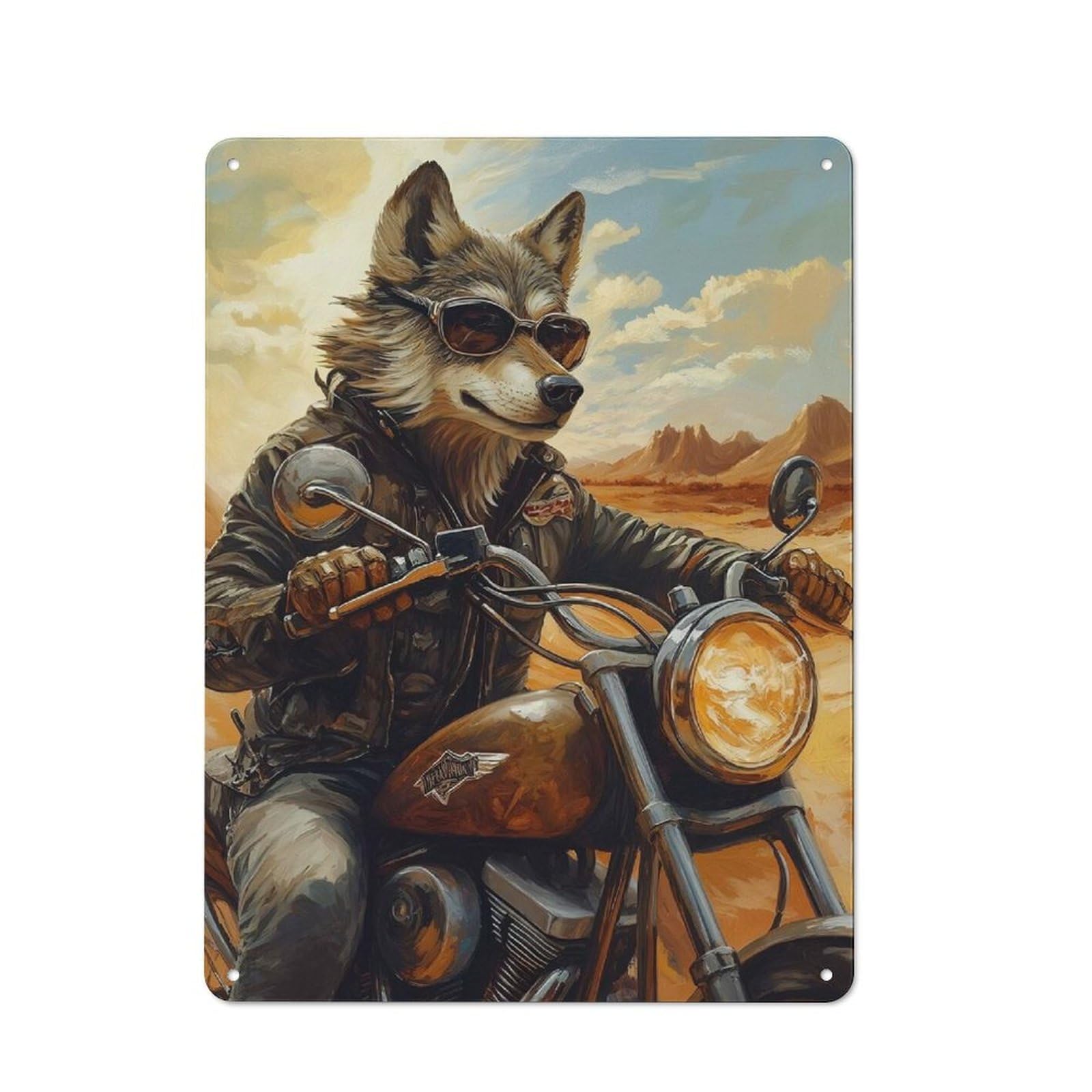 Bistro Style Wolf Biker in Desert Landscape Decorative Metal Plaque 40x30cm, Bistro Wall Plaque for Tea Room, Shop Wall Or Breakfast Area