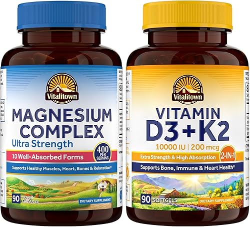 Miniatura 1 de Vitalitown Ultra Magnesio y Vitamina D3 K2 paquete (paquete de 2)  Complejo de magnesio 10 en 1 y 10000 UI D3, MK-7  para dientes de músculo óseo,