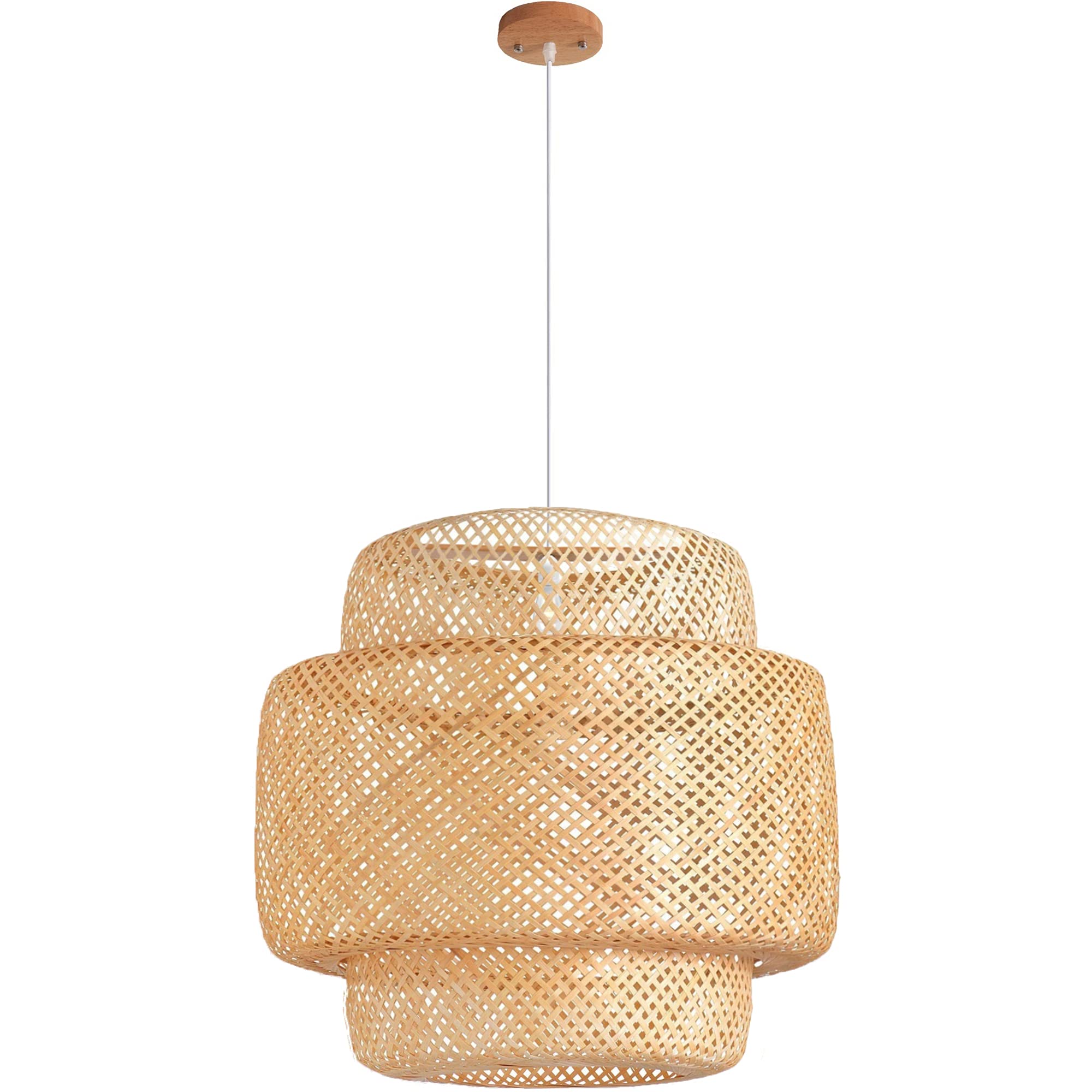 DANGGEOI Bamboo Pendant Light Fixtures, Natural Material Bamboo Chandelier with Wood Canopy, Hand Woven Rattan Pendant Light for Kitchen Island, Living Room, Dining Room, 19.7" W x 19.7" H