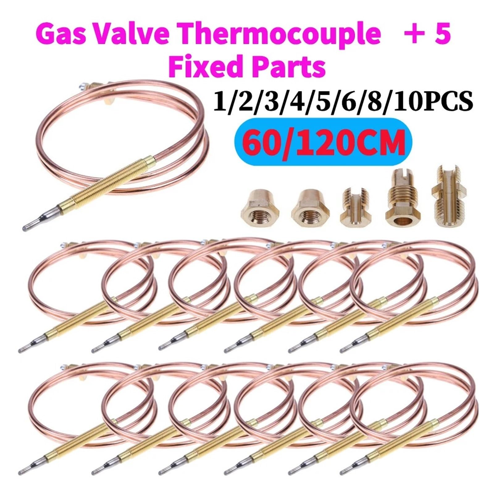 Válvula Termopar De Gas Universal For Chimenea, Calderas, Hornos, Sonda Controladora De Temperatura De Repuesto Con 5 Piezas Fijas, 60/120cm(6PCS,120CM)