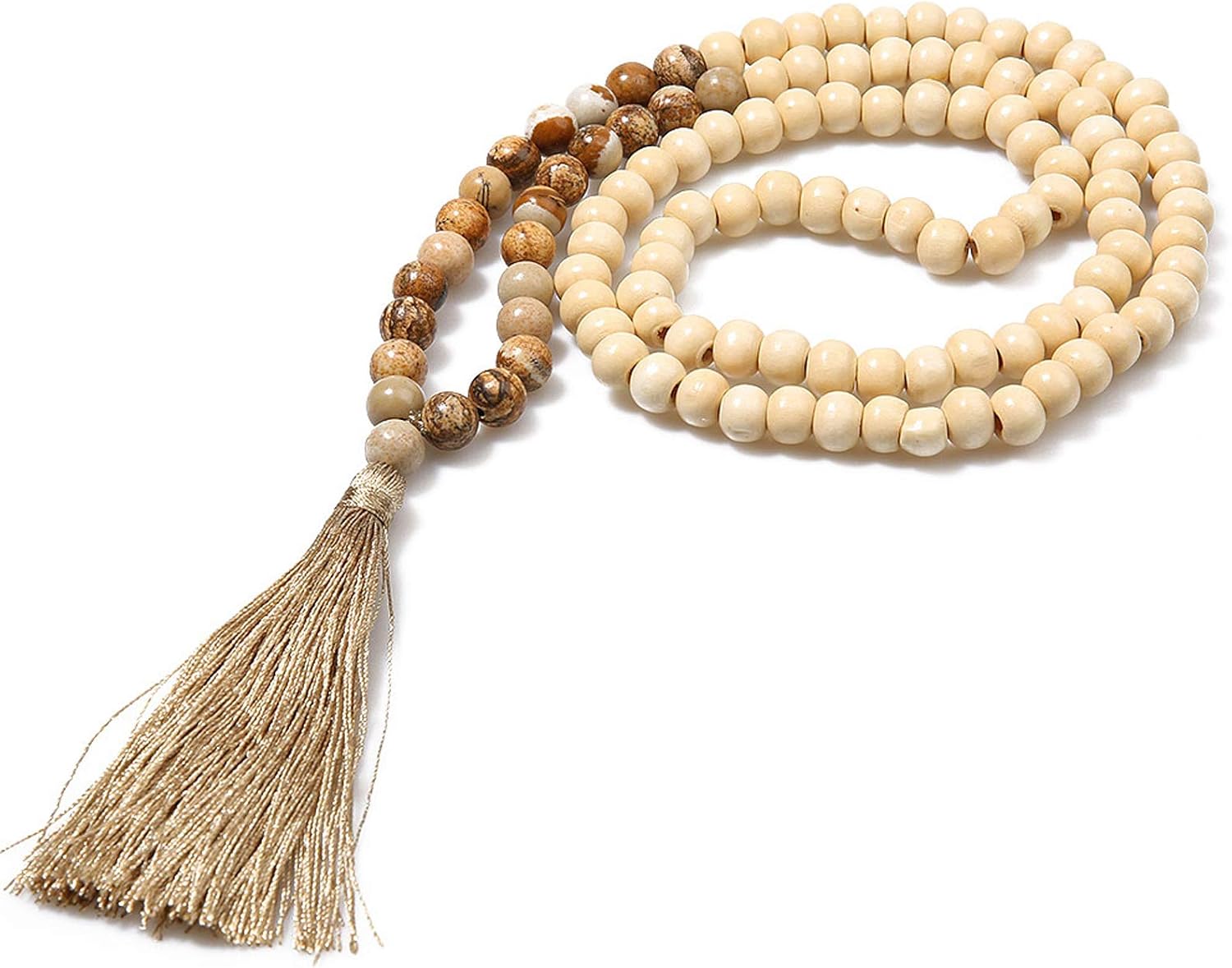 COLORFUL BLING Handmade 8MM Semi-precious Stone Beaded Natural Wood Mala Beads Long Tassel Fringe Pendant Necklace for Women Men Prayer Tibetan Jewelry