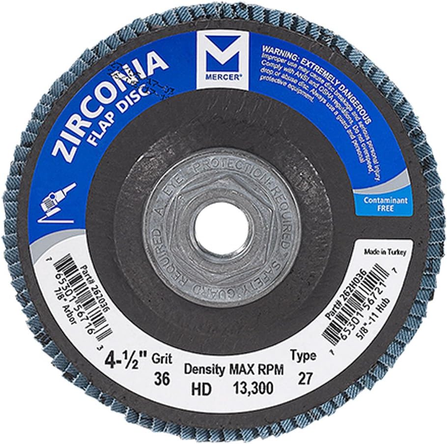 Mercer Industries 262H036 Zirconia Flap Disc, High Density, Type 27, 4 1/2" x 5/8" 11 Thread, Grit 36, 10 Pack
