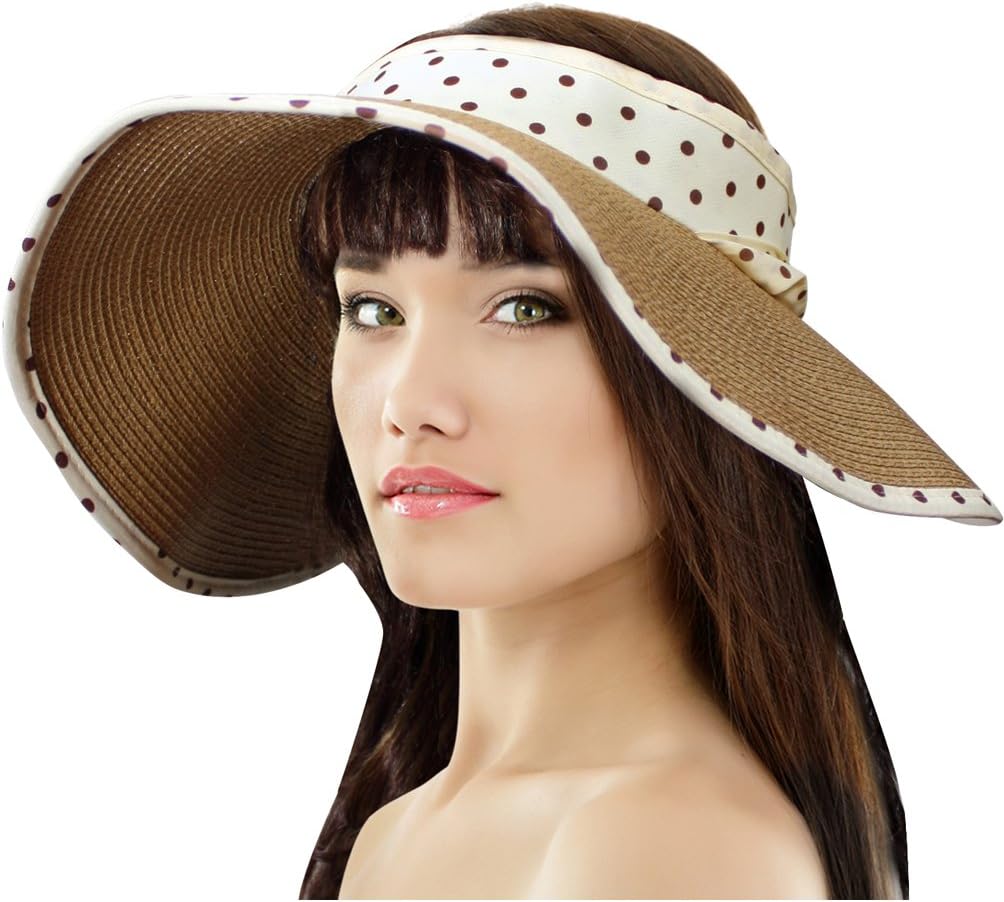 Dahlia Women's Summer Sun Hat - Polka Dot Ribbon Straw Visor