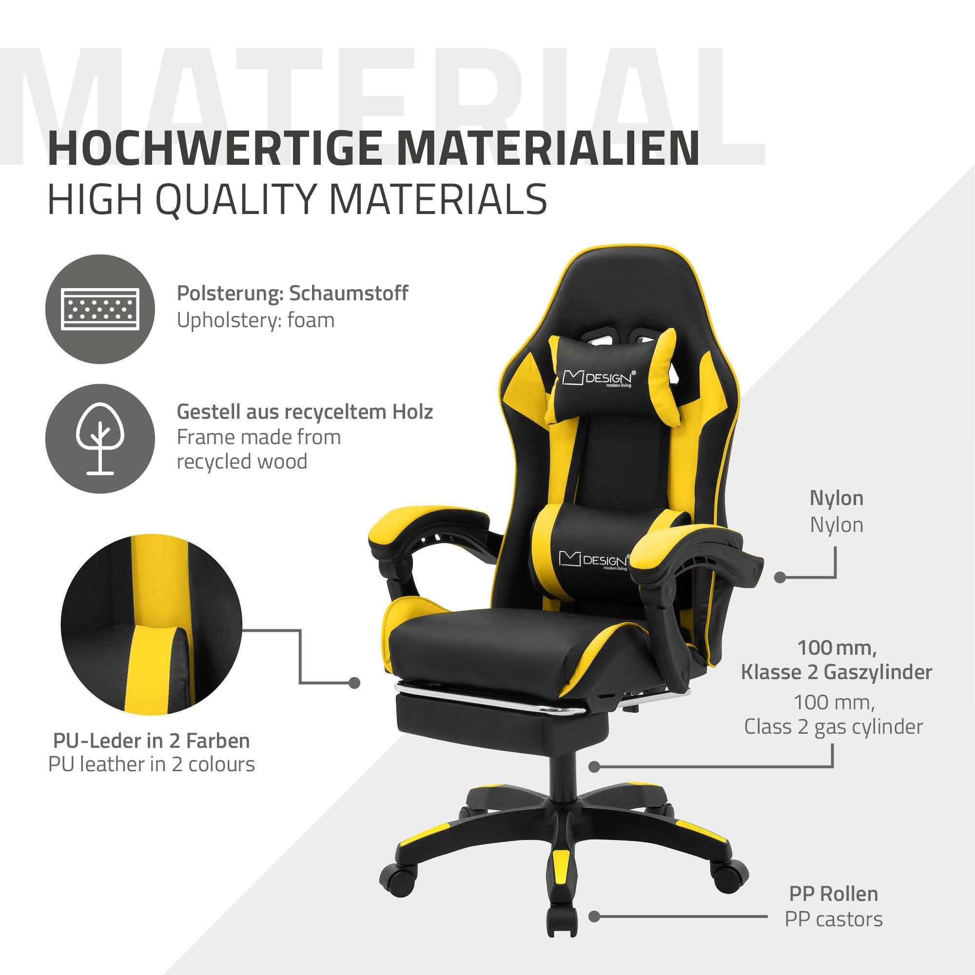 ML-Design Sedia da Gaming Ergonomica in Similpelle Giallo, Poggiapiedi, Braccioli, Poggiatesta, Cuscino Lombare, Stile Racing, Poltrona da Gioco Girevole e Regolabile, Ideale per Scrivania o Ufficio