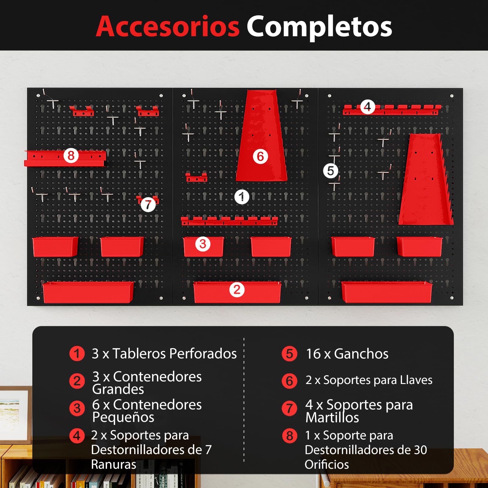 COSTWAY Organizador de Herramientas de Pared, Panel Perforado con 9 Contenedores PP, Soportes para Destornilladores y Brocas, 12 Ganchos, Almacén Resistente para Garaje, Taller (Negro y Rojo)