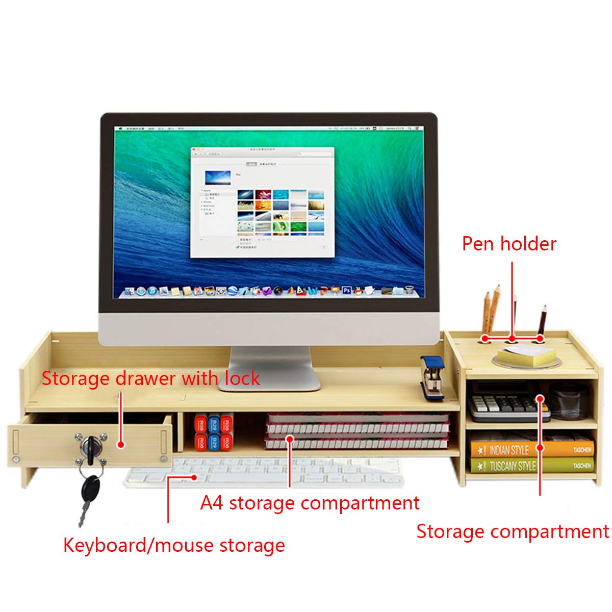 Support de Moniteur en Bois avec Tiroir et Compartiments Verrouillés, Organisateur de Bureau D'ordinateur, Hauteur Réglable pour la Maison ou Le Bureau,A