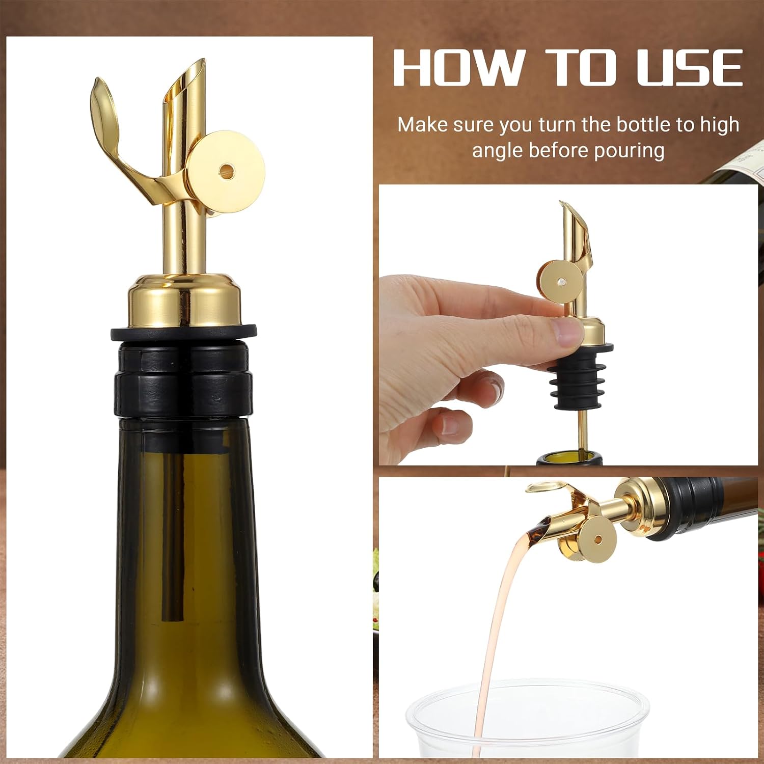 10 Pcs Weighted Stainless Steel Liquor Bottle Pourers Auto Flip Olive Oil Dispenser Spout Automatic Opening and Closing with Funnel and Brush for Pouring Wine Syrup Kitchen (Gold)