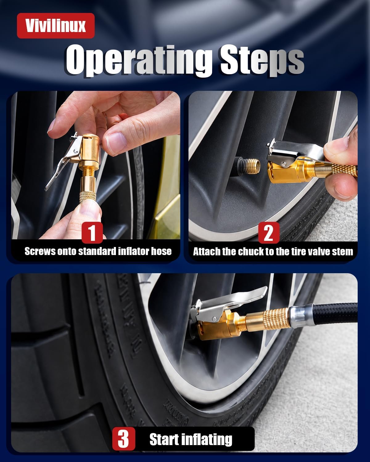 2Pcs Tire Air Chuck with Clip Adapter, Brass Locking Tire Inflator Nozzle Connect, Suitable for Tire Inflator and Air Compressor Pump Connection Accessory Tool, Valve Thread 8mm