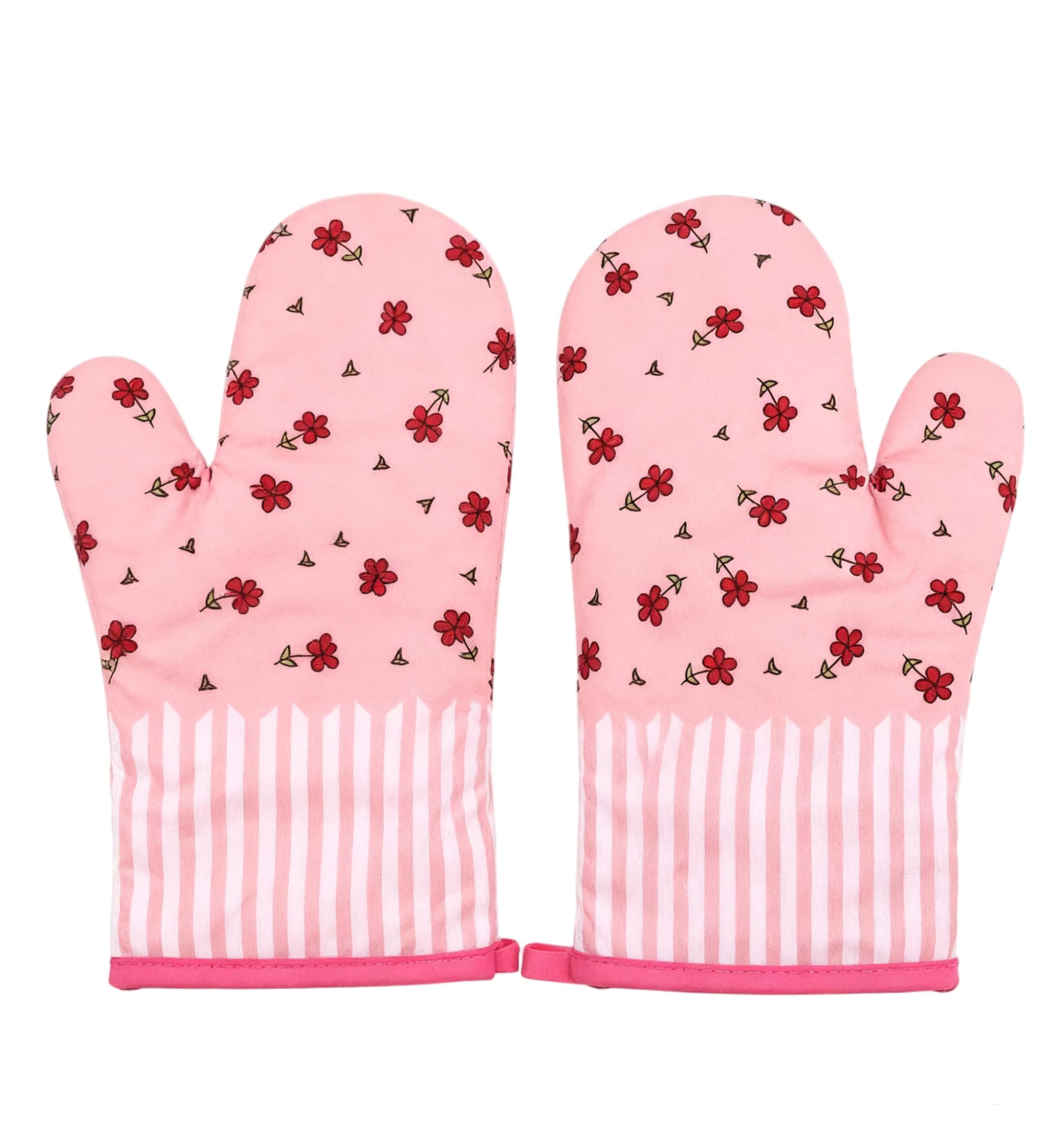 Pink Oven Gloves, Pink Kitchen Accessories, MINWEGI Heat Resistant Oven Mitts, 2PCS Flower Pattern Cotton Oven Gloves for Baking, Cooking, BBQ, 25.5x16cm