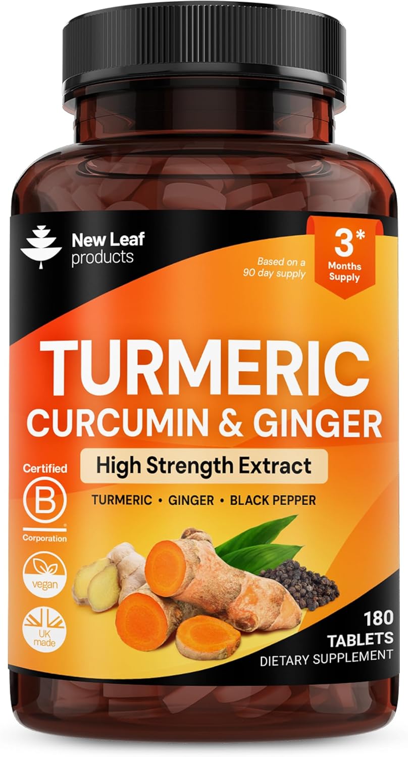 Turmeric Tablets with Black Pepper & Ginger - Curcumin - 180 Turmeric and Black Pepper Tablets (3 Month) High Strength Active Turmeric Supplements Not Capsules, by New Leaf