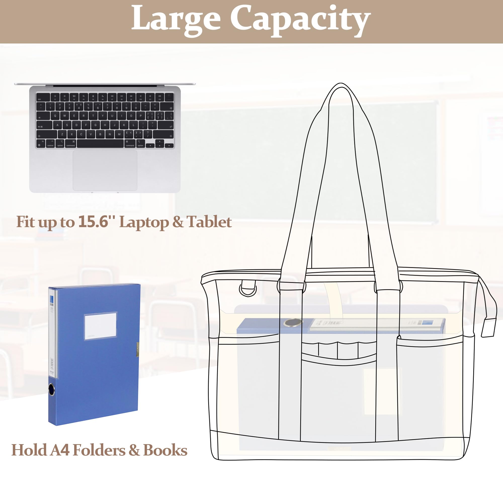 Damero Borsa per insegnanti, borsa da lavoro per insegnanti con custodia imbottita per laptop, borsa per insegnanti con tasche multiple per scuola, lavoro
