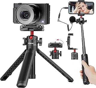 Small Tripod for Phones and Cameras Vlogging - MT-16 Extendable Mini Tripod, 4 Levels Adjustment 360° Ball Head Cold Shoe Lightweight Portable Vlog Travel Selfie Stick Handle Grip Desktop Tripod