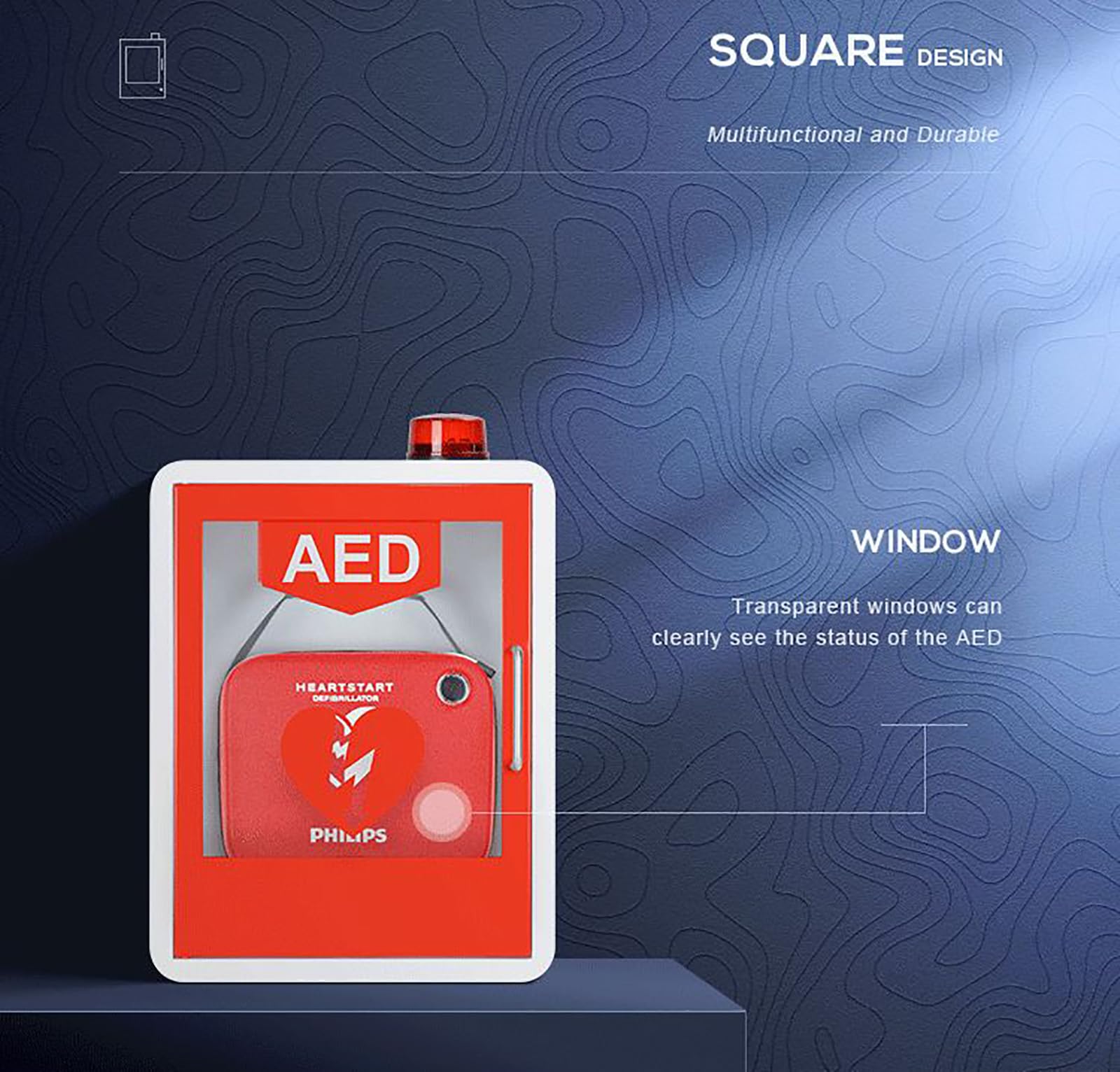 Armario de almacenamiento for desfibrilador DEA, caja de alarma de desfibrilación cardíaca de pared, con sistema de alarma y control de doble interruptor.