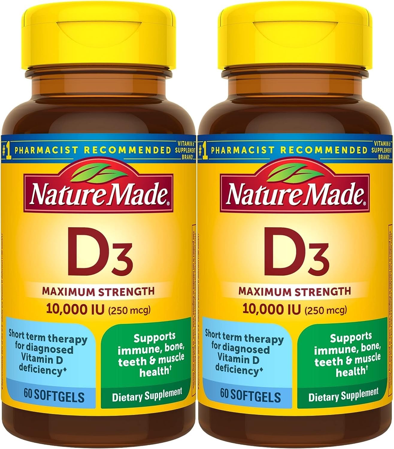 Nature Made Maximum Strength Vitamin D3 10000 IU (250 mcg), Dietary Supplement for Bone, Teeth, Muscle and Immune Health Support, 60 Softgels, 60 Day Supply - Pack of 2 60 Count (Pack of 2)