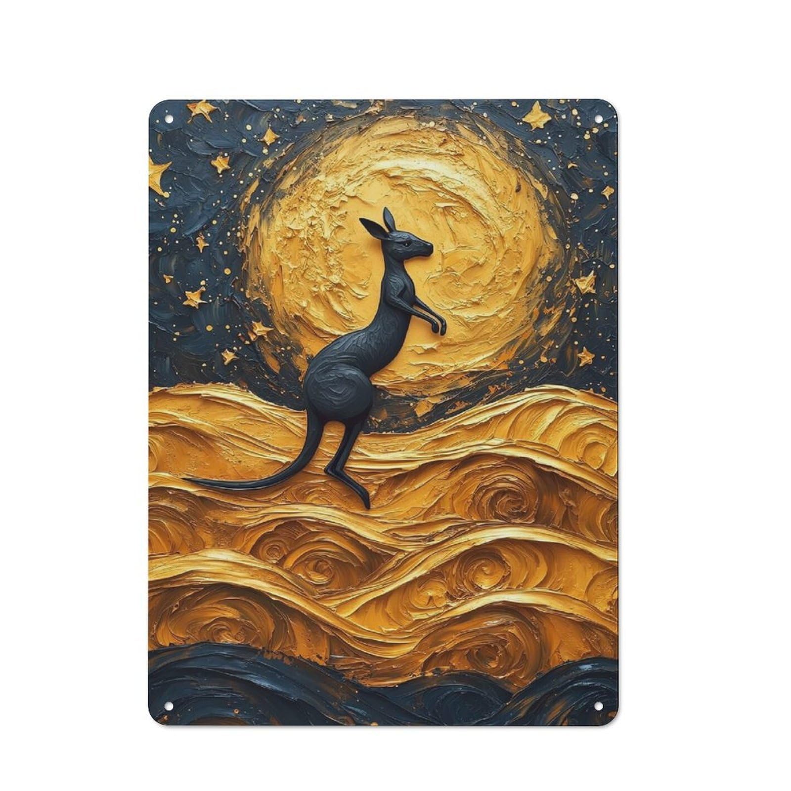 Junmoney Style-18 Garage Style Kangaroo Under A Golden Moon Painting Decorative Metal Plaque 40X30cm, Garage Wall Decor For Workshop, Basement, Shed Or Games Room