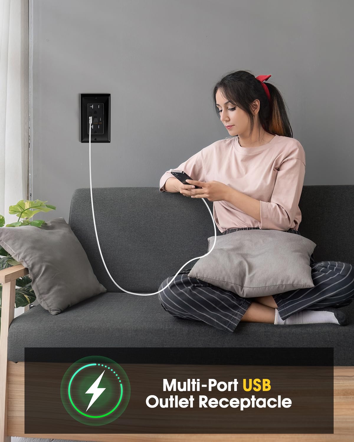 PD USB Outlet with Light,20W Power Delivery USB Receptacle with Night Light, 20A Tamper-Resistant Wall Outlet, Fast Charging Type A & USB-C Charger for Smartphones, Laptops, Tablets (2, Black-2P)