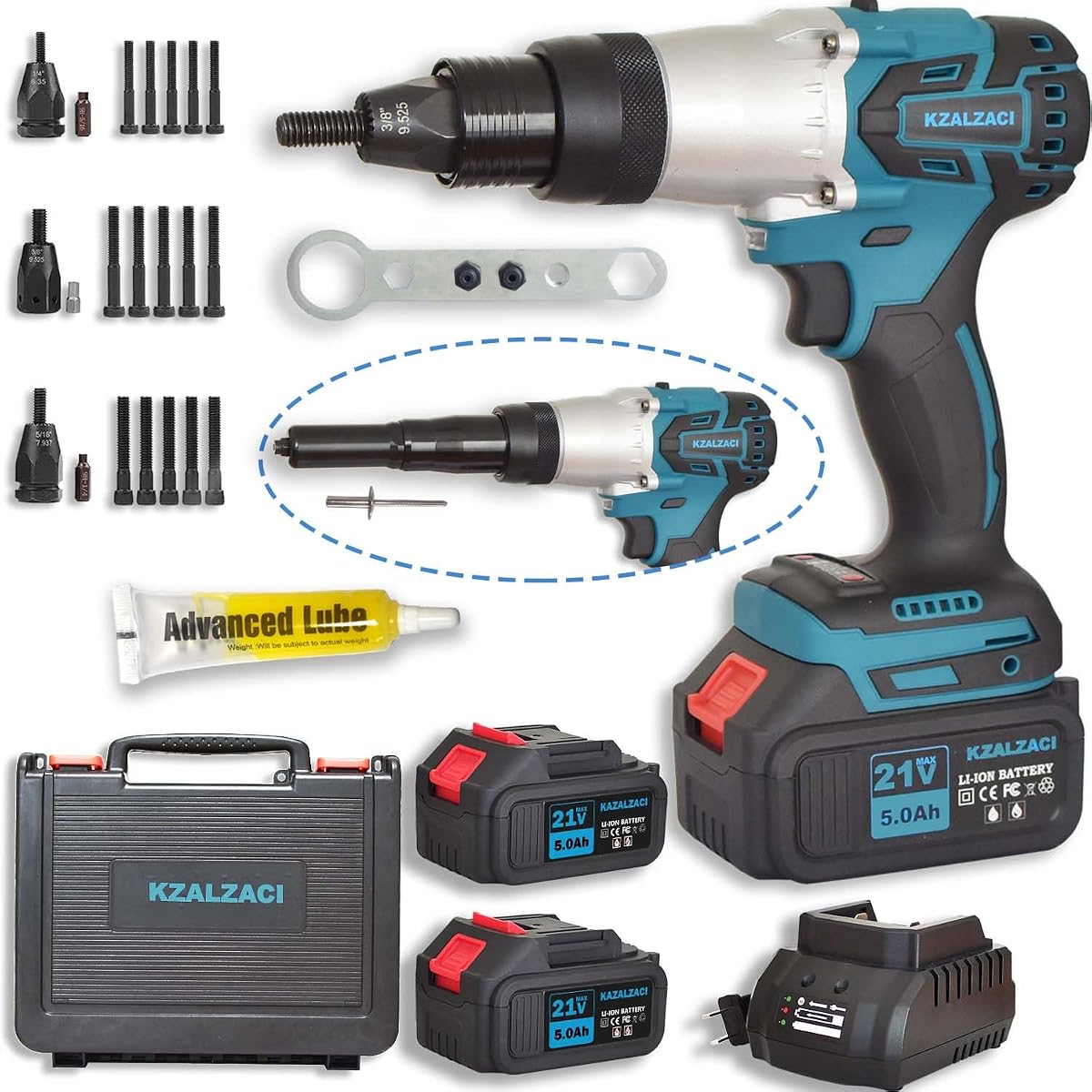 2IN1 Rivet Tool, Cordless Rivet Nut Gun Electric Pop Rivet Gun 2Pcs Battery