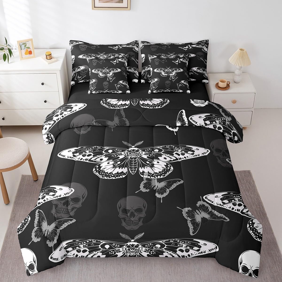 Feelyou Death Moth Skull Heads 7 Piece Bedding Set Queen Size Halloween Decor Comforter Set with Sheets for Kids Boys Girls Adult Gothic Bed in a Bag Black White Bed Set