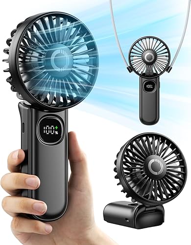 Ventilador portátil plegable con pantalla LED, funciona con pilas de 3000 mAh, mini soporte de manocuelloescritorio, pequeño ventilador personal 3