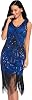 Plus Size 1920s Vintage Fringed Gatsby Sequin Beaded Tassels Hem Flapper Dress for Women, Blue Black, XXL
