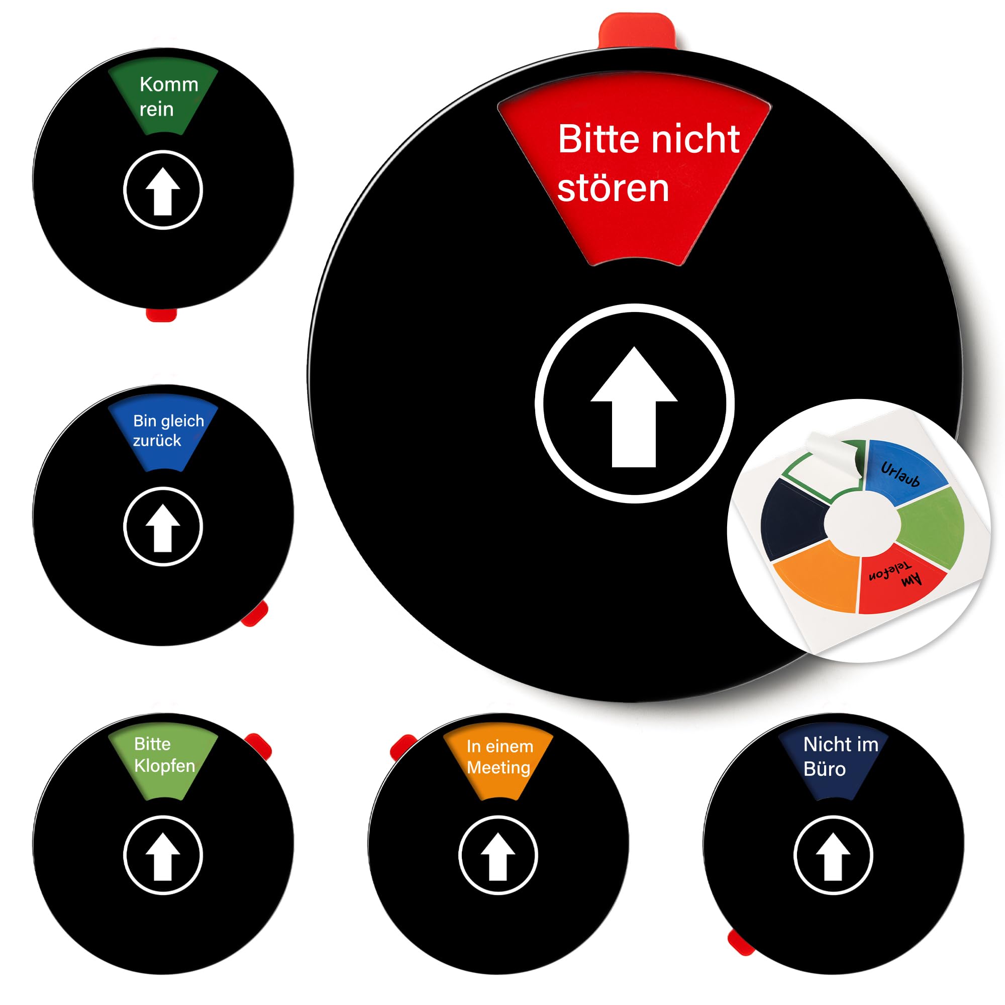 Büro Türschild 6 Optionen Bitte nicht stören, In einem Meeting, Komm rein, Nicht im Büro, Bin gleich zurück, Bitte klopfen, Geschäfts-Statusanzeige für den Arbeitsplatz, 15 cm Schwarz 1 Stück
