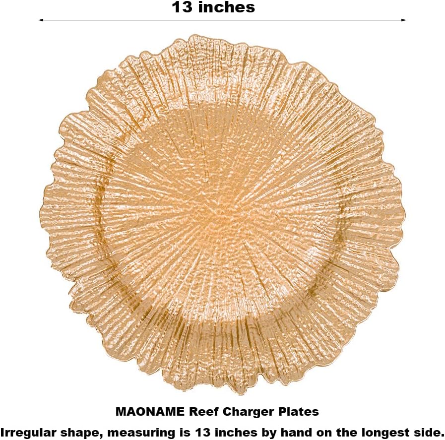  | MAONAME Round 13" Gold Charger Plates, Plastic Reef Plate Chargers for Dinner Plates, Wedding, Elegant Décor Place Setting (6, Gold): Charger Plates