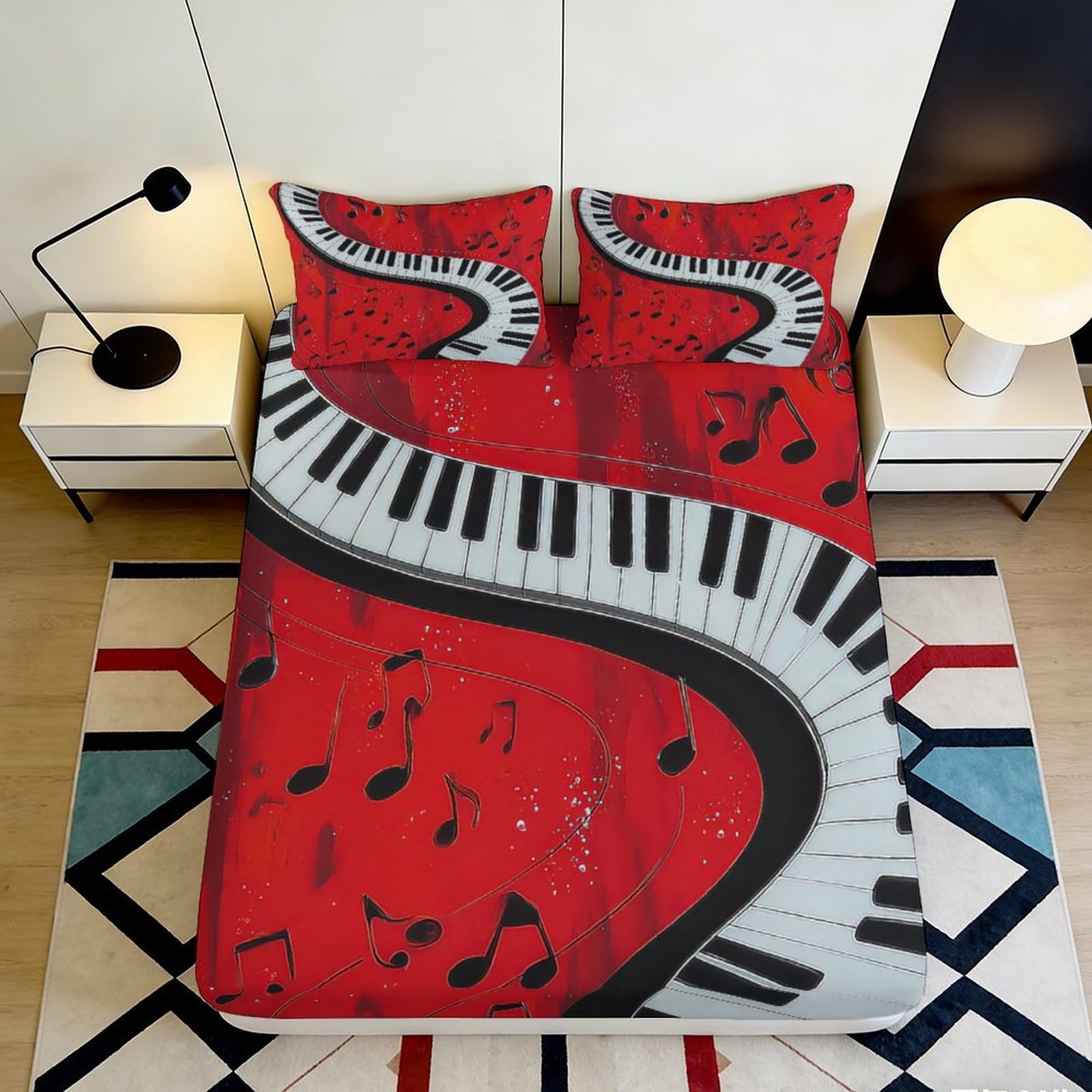 3D Printed Red Piano Keys Fitted Sheet Microfiber Soft Breathable Music Notes Bed Cover for Bedroom Dorm Decor 90x200x25cm