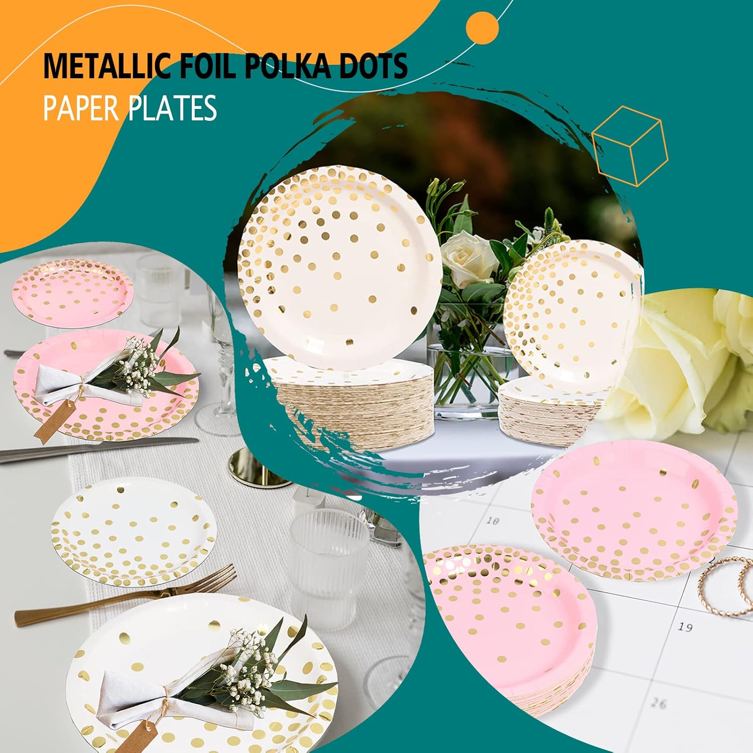 DYLIVeS White and Gold Paper Plates, 7 inch Metallic Foil Polka Dots Disposable Dessert Party Plates Cocktail Party Supplies Plates for Birthday, Bridal Shower, Easter, Graduation Party, 50 Pack - Image 7