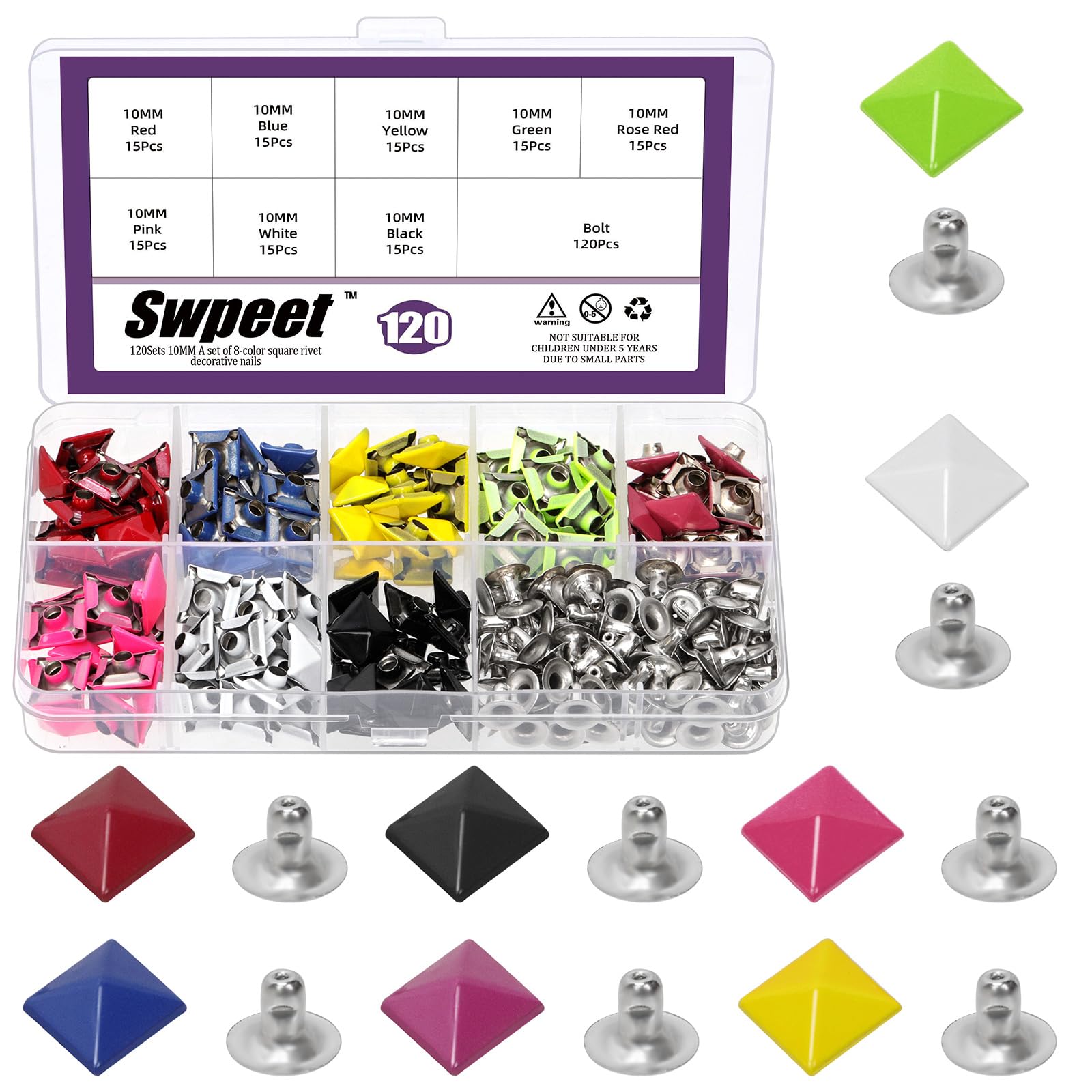 Swpeet 120 Sets 8 Colors 10mm Pyramid Rapid Spike Rivet Studs Kit, Square Punk Spikes Rivets, Metal Pyramid Leathercraft Decoration Rivet Studs for Bag Leather Clothing Shoes Handicraft DIY