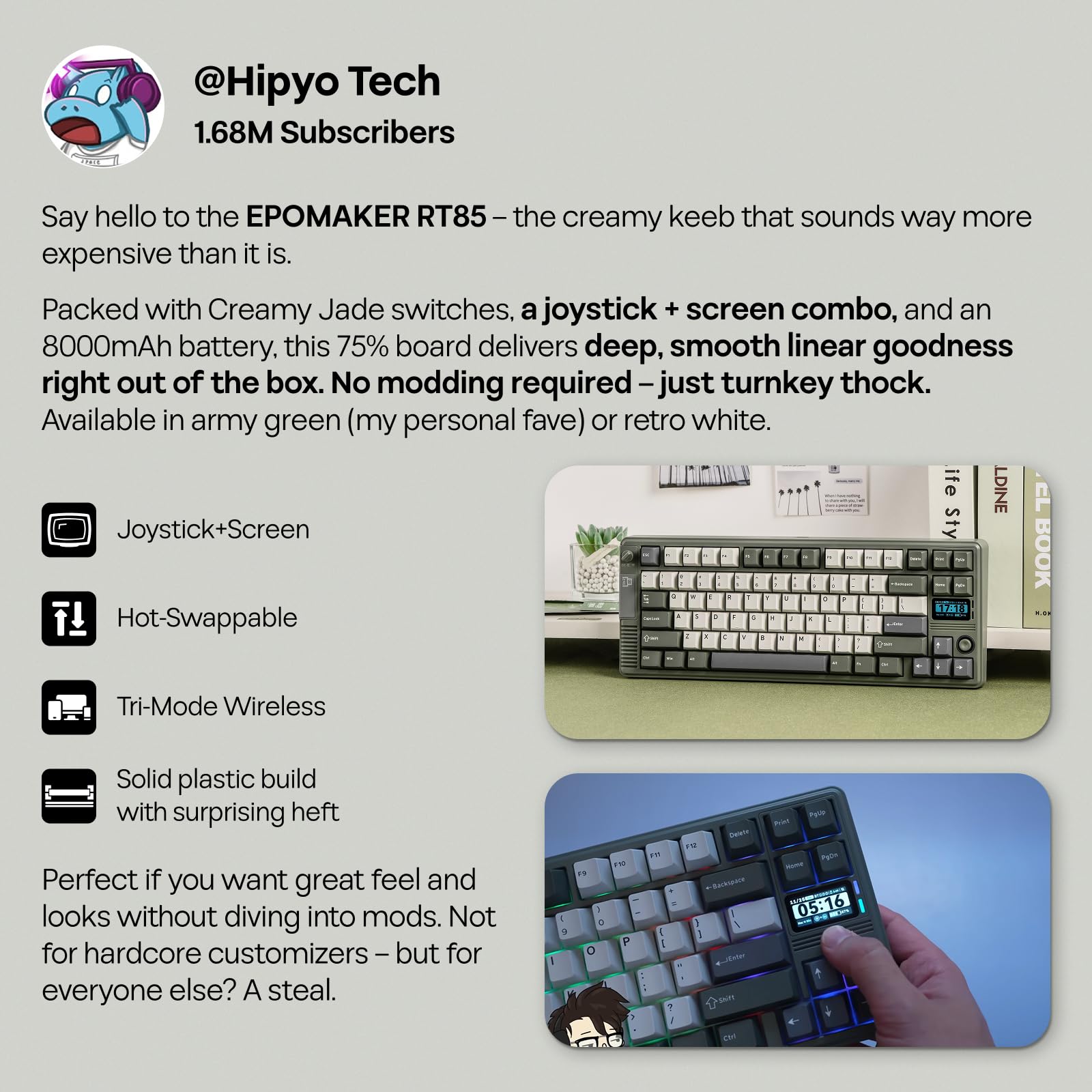 EPOMAKER RT85 bezprzewodowa klawiatura mechaniczna z joystickiem i ekranem DIY, 8000 mAh, BT/USB/2,4 GHz, Gasket, Hot-Swap, nasadka na klawisze PBT, klawiatura gamingowa 75% (retro, biała, Wisteria