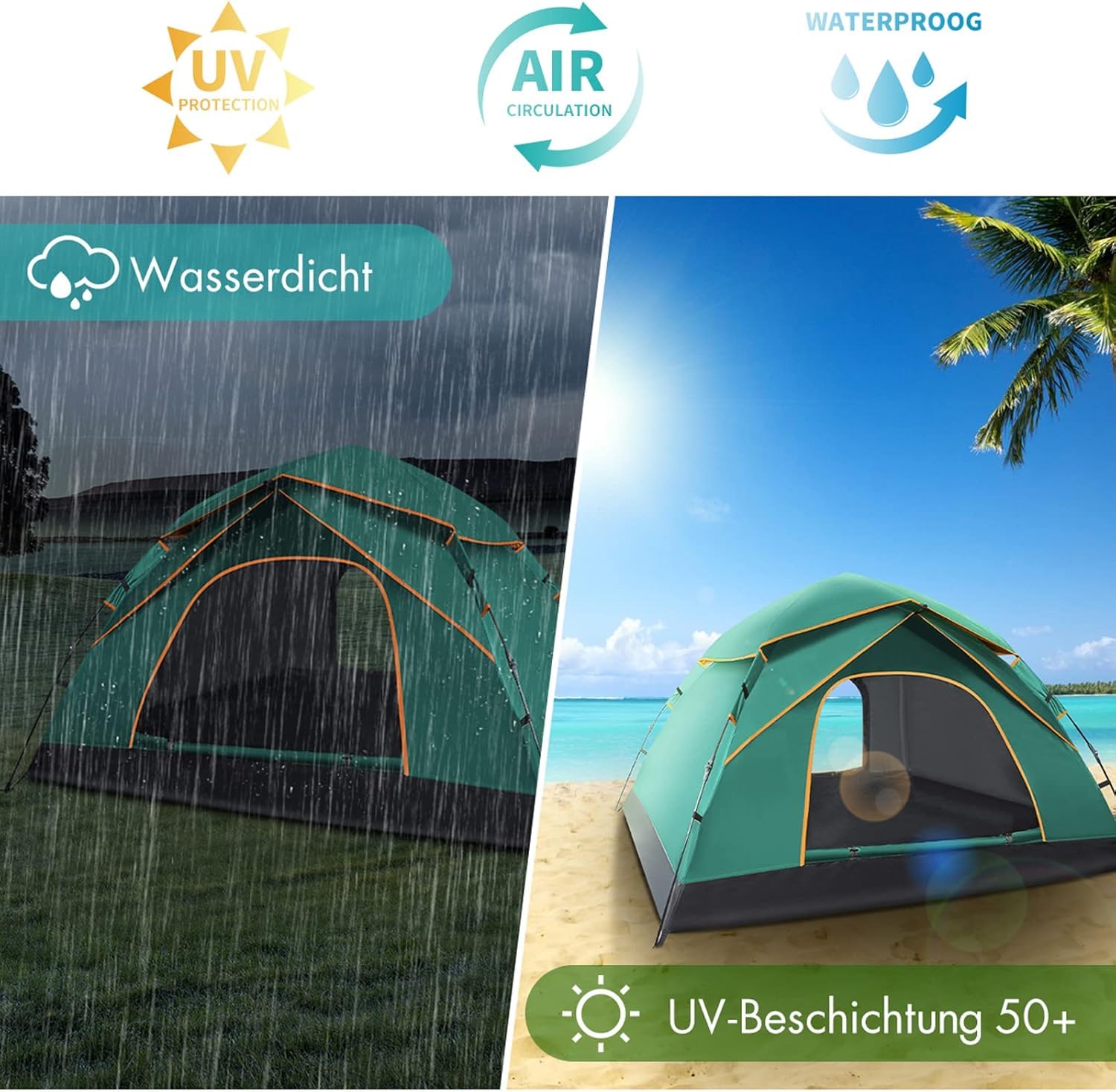 Camping Zelt 2-3 Personen, Automatisches Pop Up Kuppelzelt mit Doppel-Türen, Wasserdicht & Winddicht, 3-4 Saison Zelt Outdoor Zelt für Familie, Trekking und Camping, Waldgrün