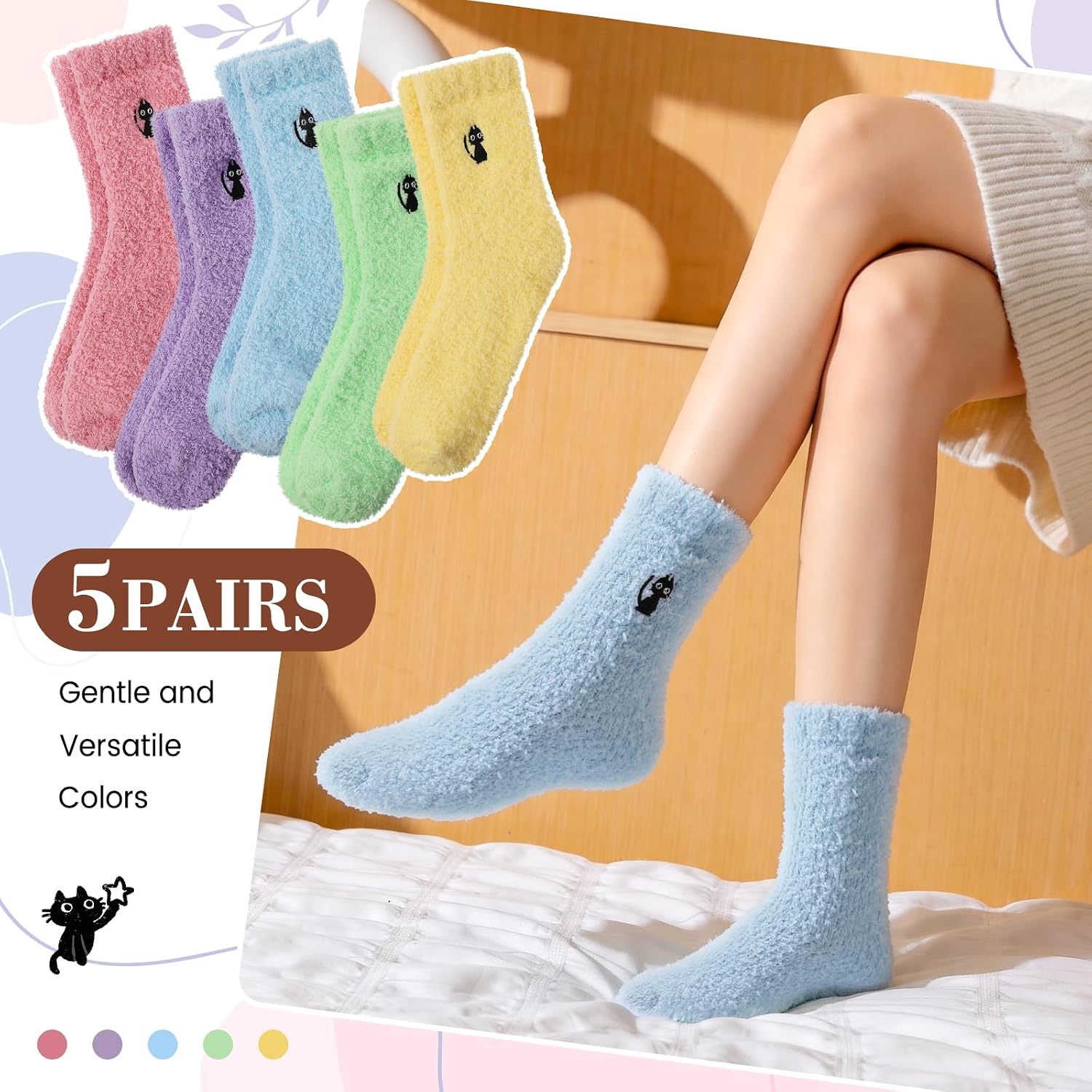 Premillow Fuzzy Socks for Women, Soft Warm Fleece Cat Embroidery Cozy Socks