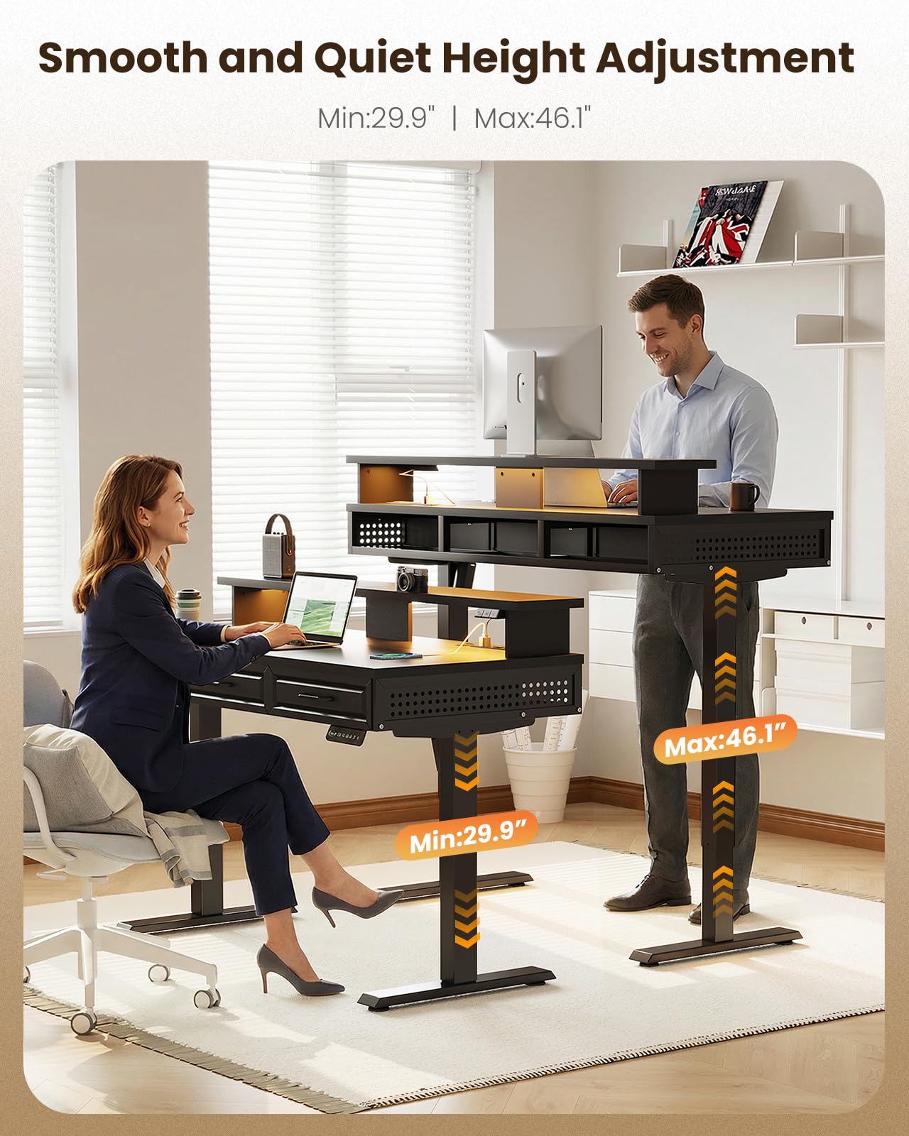 OffiGo Electric Standing Desk with 3 Wooden Drawers 48 Inch Height Adjustable Desk with Power Outlets LED Lights — view 4